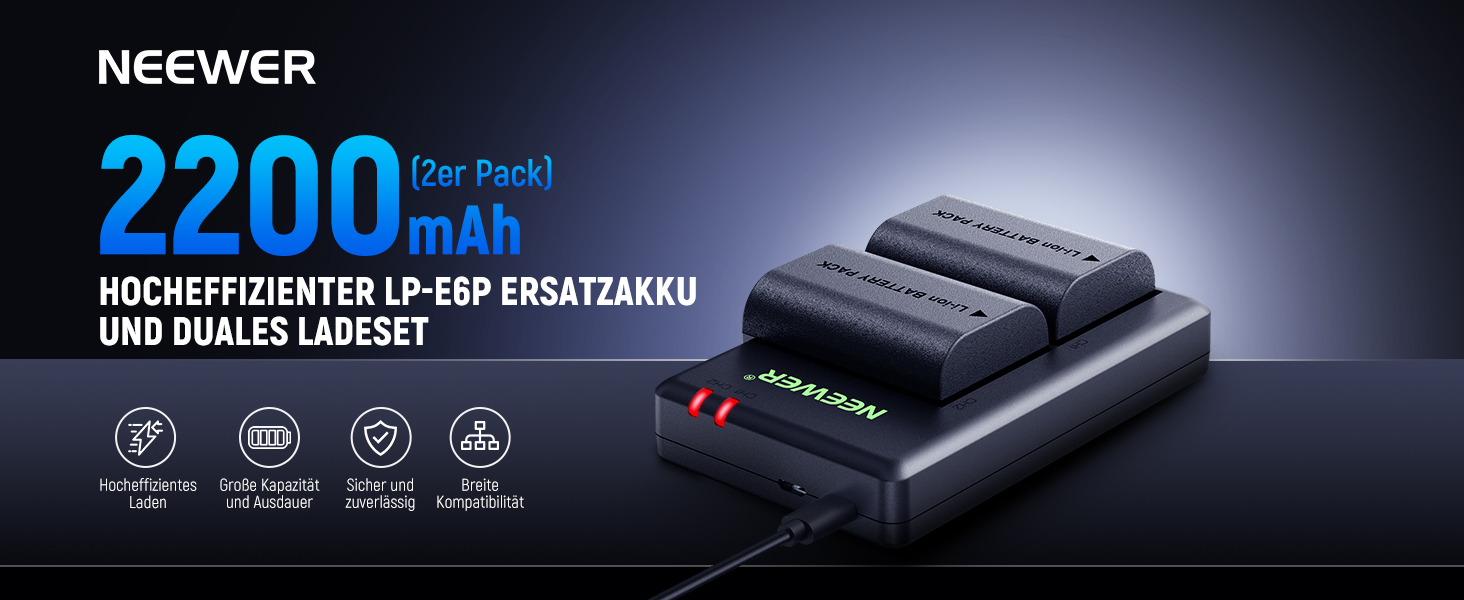 Запасний акумулятор Neewer для Canon EOS 7D Mark II та інші моделі, 2 шт. 2000mAh, комплект з зарядним пристроєм (LP-E6P)