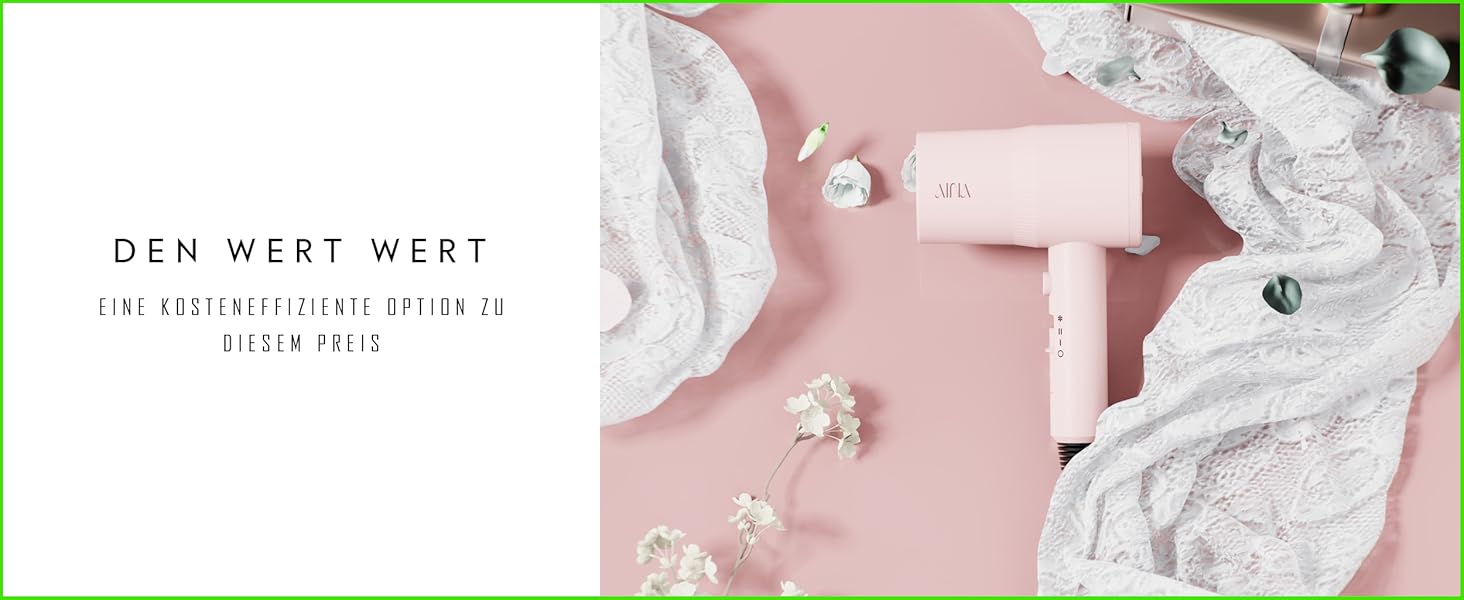 Фен AINA з дифузором для волосся | Іон-технологія, керамічне покриття, холодний струмінь | Швидке сушіння та блиск | 230v~, Baby Rosa