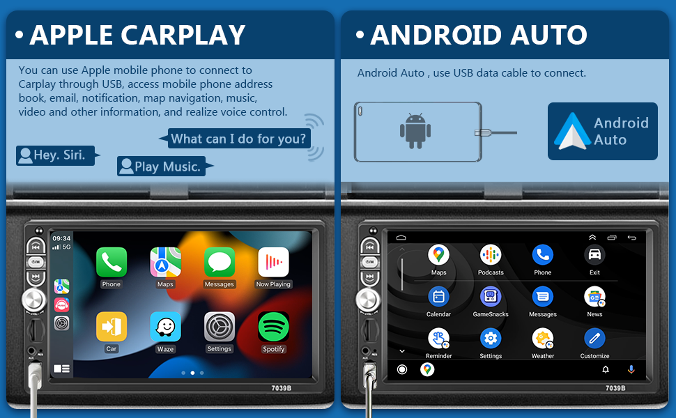 Автомагнітола 1 DIN Carplay з Android Auto, Bluetooth, 7