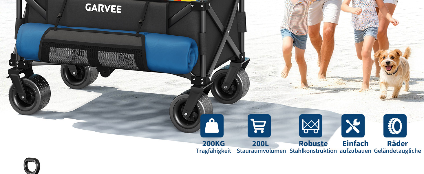 Візок-теліжка складний GarveeLife XXL 200L, 200 кг, гальма, колеса 20 см для пляжу, кемпінгу, саду, чорний