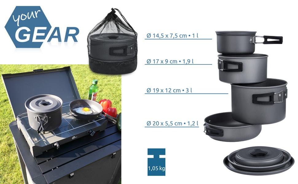 Набір посуду для кемпінгу yourGEAR Ranger V, 7 предметів, для 4-5 осіб, каструлі та сковорідки в сітці