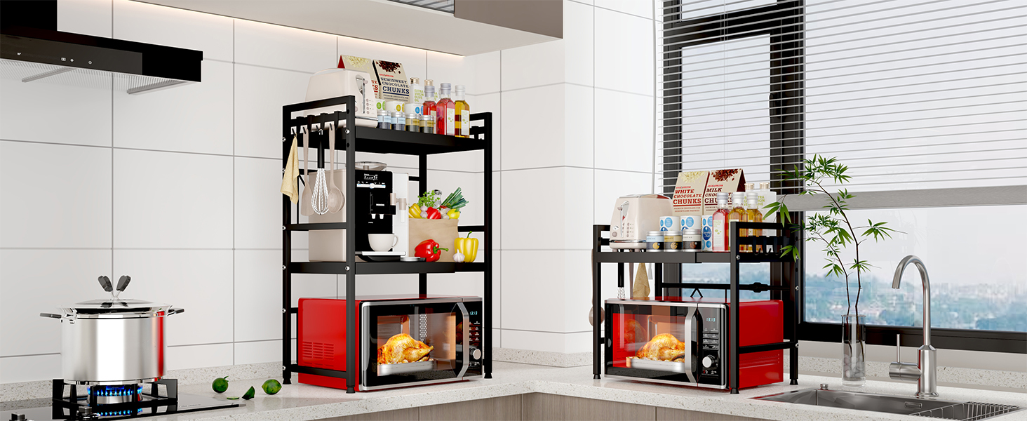 Регульована полиця для мікрохвильової печі, 2-рівнева, розширювана, металева, з 8 гачками, чорна