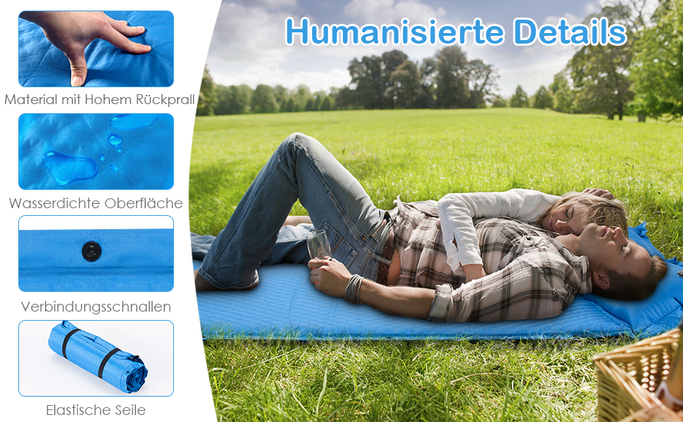 Каремат туристичний самонадувний GYMAX для кемпінгу, на 2 особи з подушками та сумкою, 187 x 131 см, блакитний