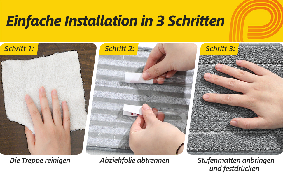 Килимок для сходів JSEI, антиковзкий, набір з 4 шт., 20.3 x 76.2 см, 100% поліестер, TPE-підкладка, сірий