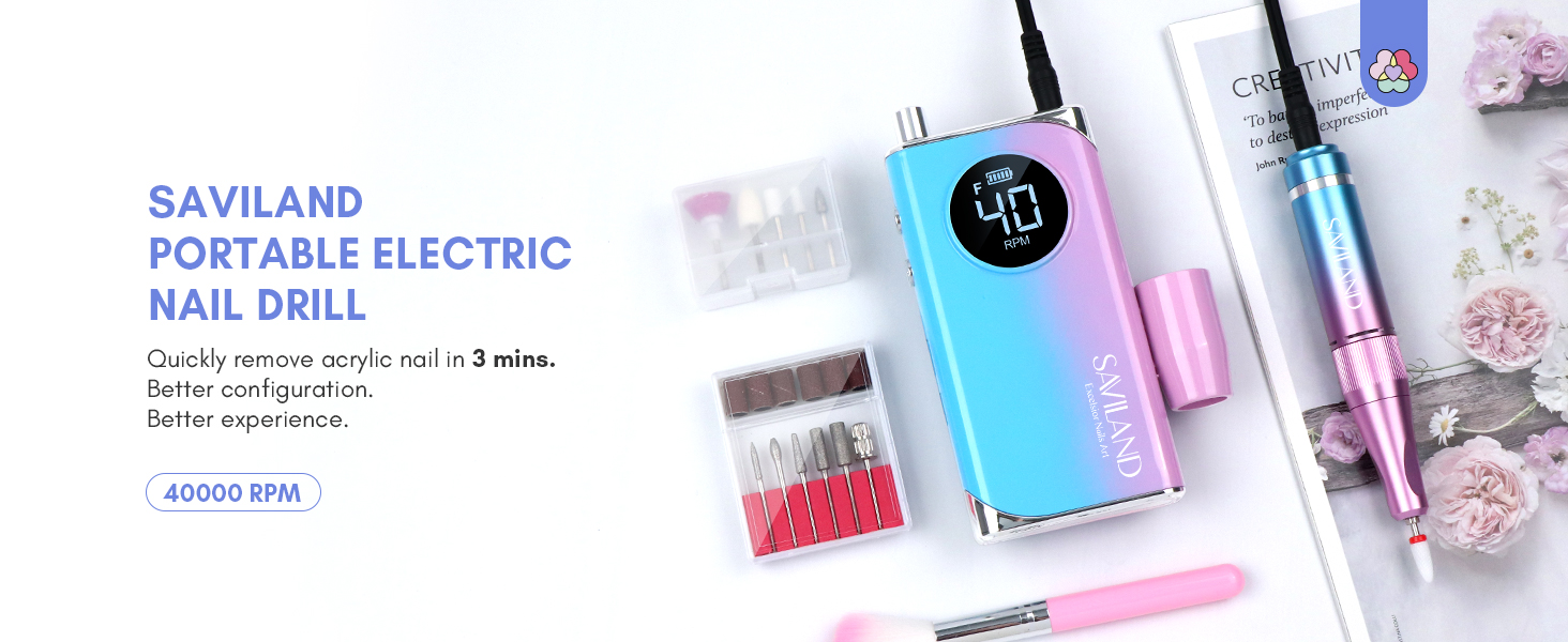 Електричний апарат для манікюру та педикюру Saviland 12 в 1, 40000 обертів/хв, USB, з набором фрез, блакитно-фіолетовий градієнт