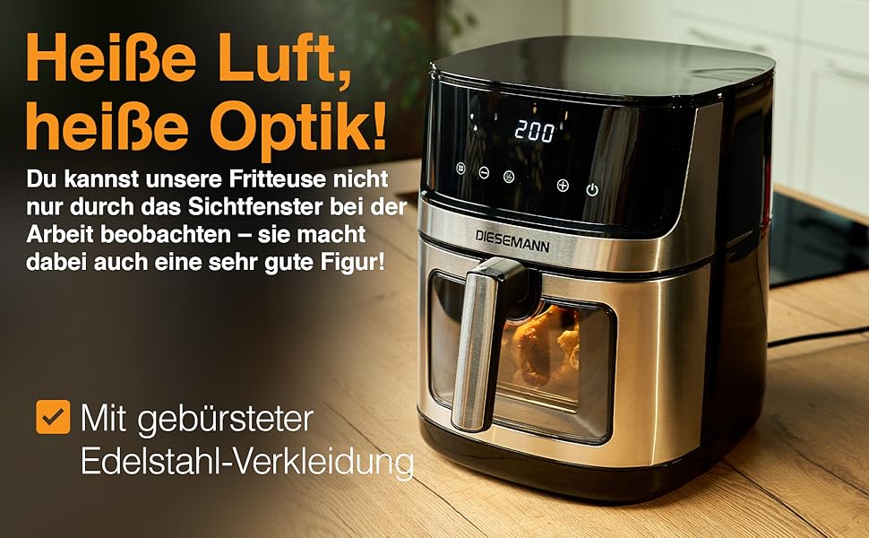 Фритюрниця повітряна DIESEMANN XXL 7.3L – 2000W з 2 нагрівальними елементами (верхній та нижній нагрів), вікно огляду та 8 програмами – для смаження, випікання та грилю без олії