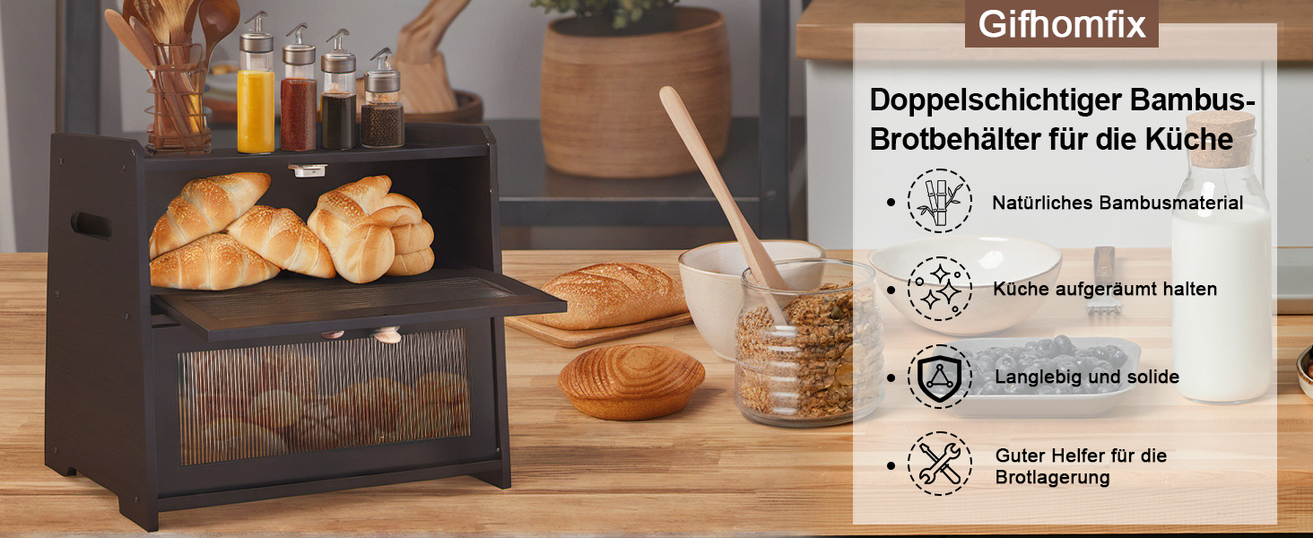 Бак для хліба з бамбука для кухні, 2-шаровий контейнер для домашнього хліба, чорний прямокутний, велика місткість