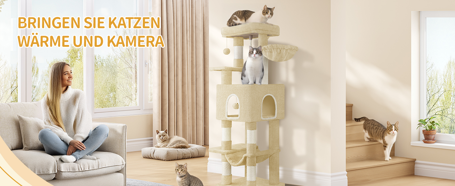 Дерев'яний будиночок для котів Hzuaneri Kratzbaum, 149 см, з 5 стовпчиками для шліфування, платформами, затишною печерею, багатоповерховий центр активності для котів, помпонами, бежевий (MS14918LG)