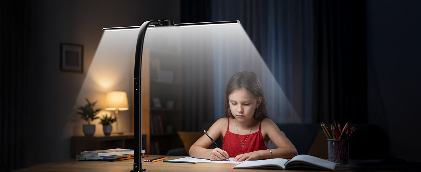 Світлодіодна настільна лампа з димером LED 1400LM 24W, подвійний гнучкий винос, чорна. З пультом ДУ, USB зарядка