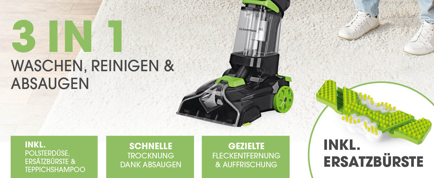 CLEANmaxx Апарат для чищення килимів 3-в-1: миття, чистка, всмоктування | Мийний пилосос з вібраційними щітками та боковими щітками | Для чистоти на практично будь-якому килимі (AquaStream Plus)