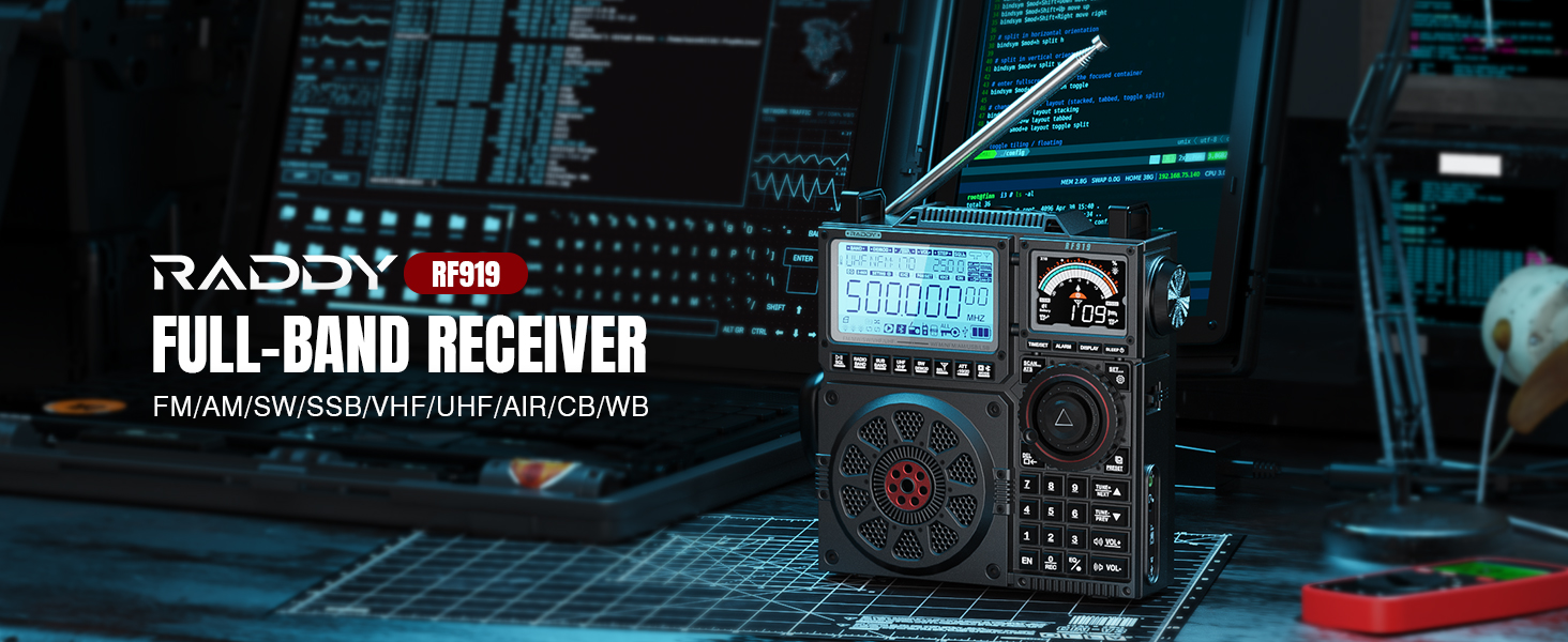 Радіоприймач Raddy RF919 SSB: FM/AM/SW/VHF/UHF/AIR/CB, з тюнером, 3 антени, 5000mAh, сірий