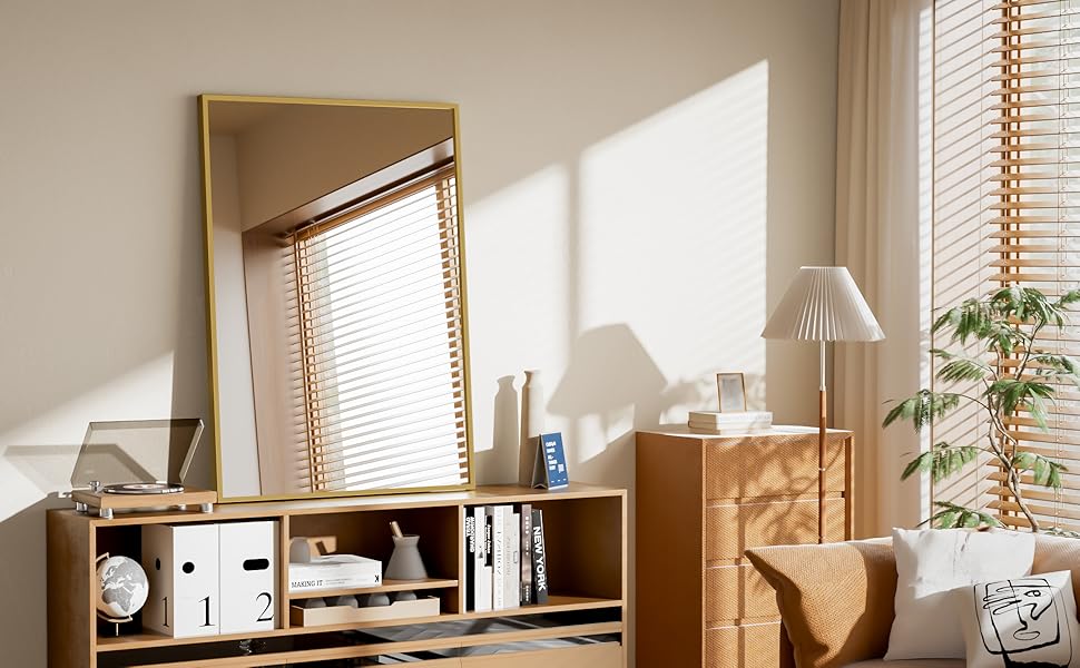 Дзеркало настінне прямокутне Beautypeak 81x61 см з металевим каркасом, безпечне для ванної кімнати, спальні, вітальні, золотий колір