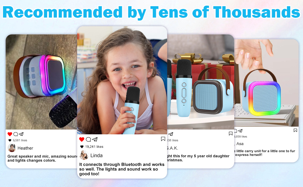 Портативна караоке-машина для дітей та дорослих з 2 бездротовими мікрофонами. Караоке-система з мікрофонами, блакитна. Подарунок для дівчаток віком 4-12 років.