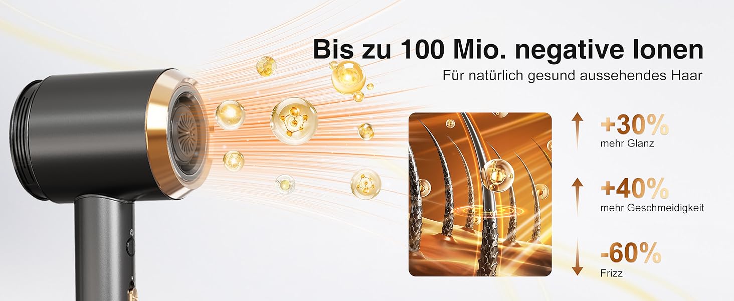 Іонський фен Feekaa з дифузором та магнітною насадкою, для подорожей та кучерявого волосся, 4 температурні режими, матовий чорний