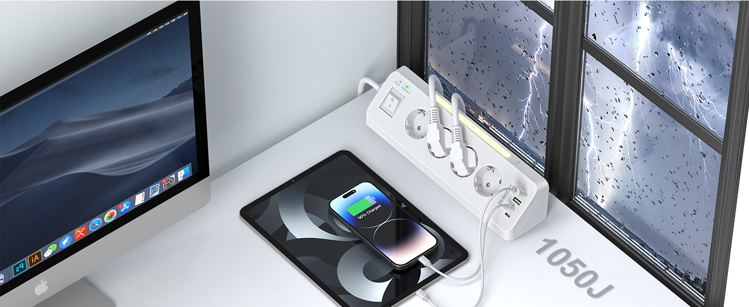 Кутовий мережевий фільтр з 4 розетками та 4 USB-портами, подовжувач з вимикачем, білий
