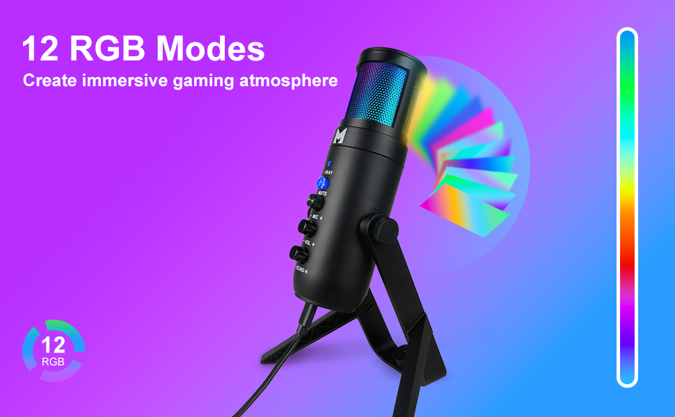 USB мікрофон для ПК, геймінгу, стрімінгу, подкастів та запису голосу. RGB-підсвітка, сумісний з телефоном, ПК, PS4, PS5 та Mac
