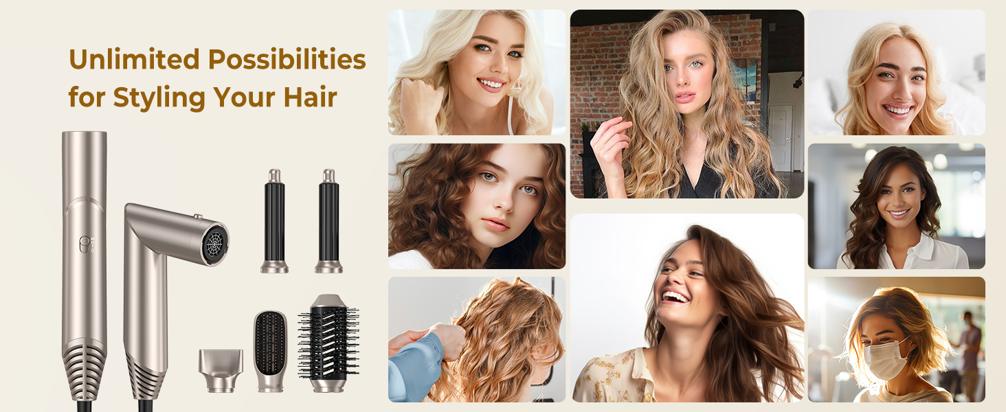 Стайлер для волосся 5 в 1, Набір для укладки волосся, Золотий: Фен, Іонний, Локони, Випрямлення, Об'єм