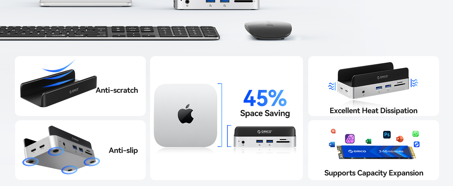 ORICO MiniDock: Док-станція та підставка для Mac mini M4/M4 Pro з корпусом для NVMe SSD, хаб USB-C з 4K HDMI, DisplayPort, SD/TF 3.0, USB-C/A 10Gbps, PD 100W - VS10 (6-in-1, 2TB)
