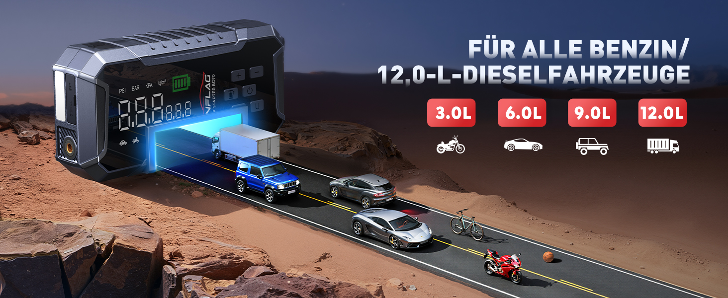 Портативний пусковий пристрій ANFLAG 7000A з компресором та LED-ліхтариком, 26800mAh, для бензинових та дизельних двигунів (до 12.0L)