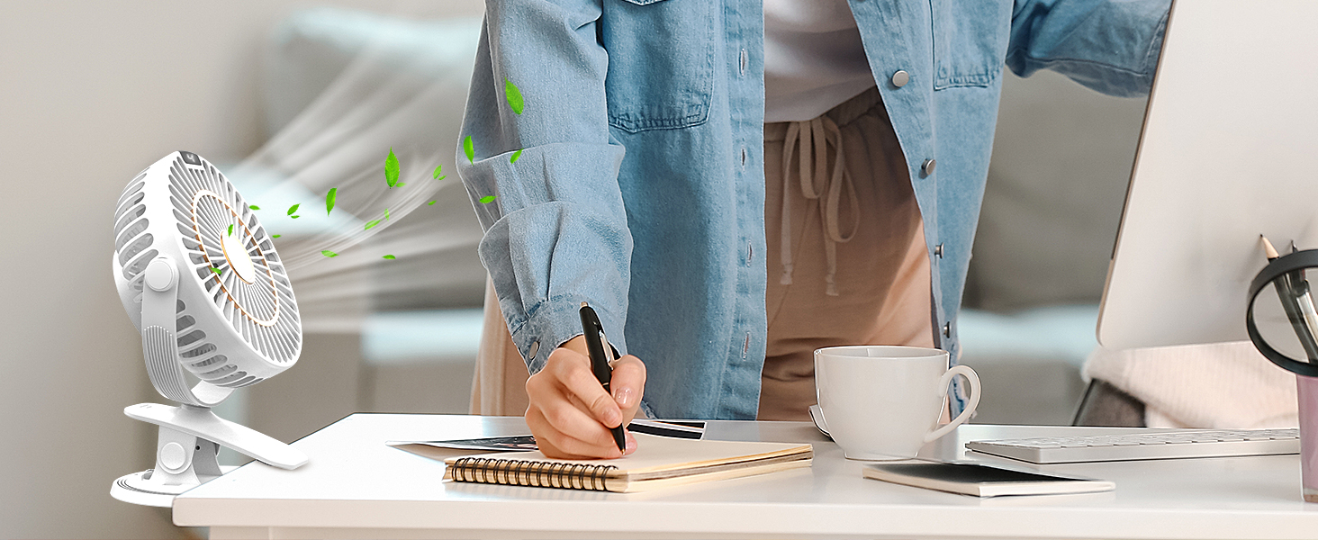 COZII Міні вентилятор на кліпсі USB, акумуляторний, тихий, 5 швидкостей, 720° оберт, 16 см, для дому, офісу, подорожей (білий)