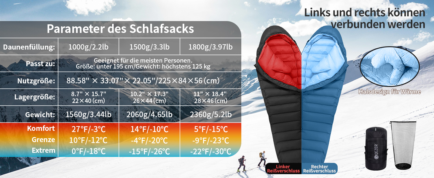 Сплячий мішок для дорослих та дітей, зимовий, легкий, для кемпінгу та альпінізму, 650 FP гусячий пух, 8°C ~ -30°C (Блакитний, 1500г пуху)
