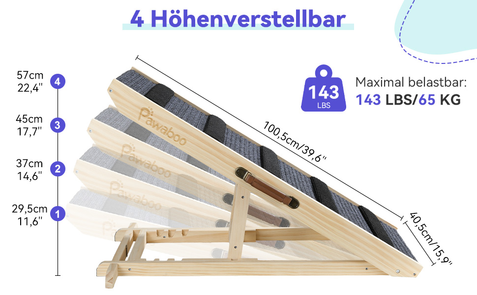 Pawaboo Рампа для собак, дерев'яна, регульована висота, 11.6'-22.4', до 65 кг, 100x40 см, для собак маленьких та середніх порід