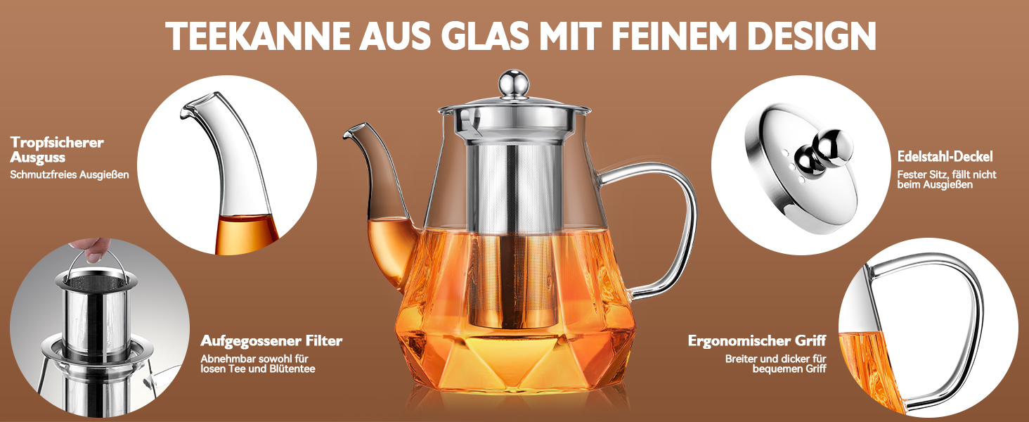 Скляний чайник STNTUS з підігрівачем та ситечком для листового чаю, 1.2 л, нержавіюча сталь