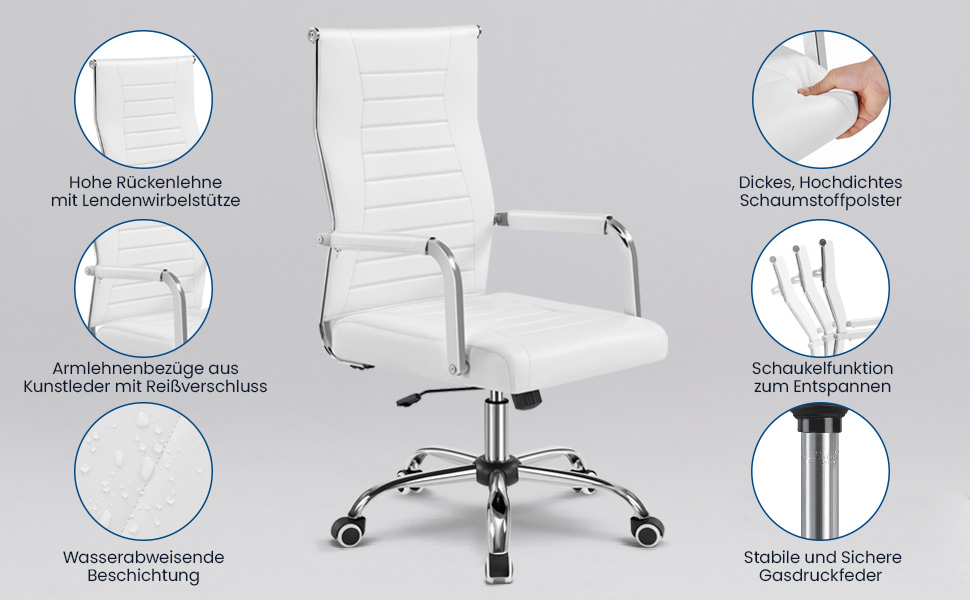 Офісне крісло Yaheetech з підлокітниками, офісний комп'ютерний крісло для начальника, стілець для роботи з високою спинкою, білий, до 136 кг