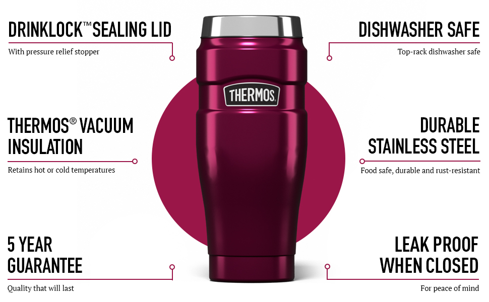 Термокружка Thermos King Reise, нержавіюча сталь, 470 мл, колір полуниця, 8.3 x 8.3 x 20 см