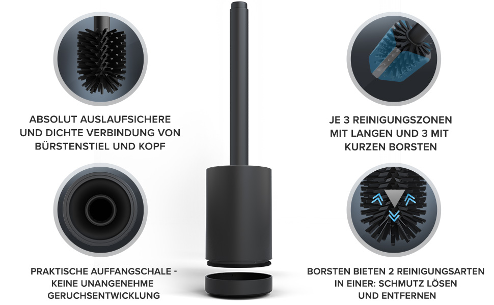 Торцева щітка для унітазу Arosund | Силіконова щітка для унітазу | З вентиляцією | Свободно стояча | Головка щітки для унітазу з нержавіючої сталі | З резервуаром для миючих засобів | Знімний піддон для крапель | Щітка для унітазу (Чорний)