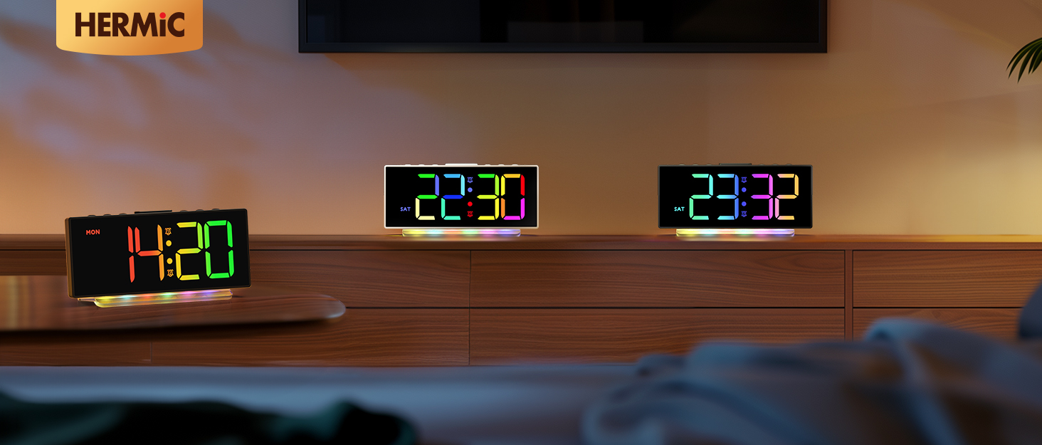 Цифровий LED будильник з RGB підсвіткою (7 кольорів), мережевий будильник з 2 сигналами, функцією Snooze, регулюванням гучності та яскравості, формат 12/24г, багатоколірний