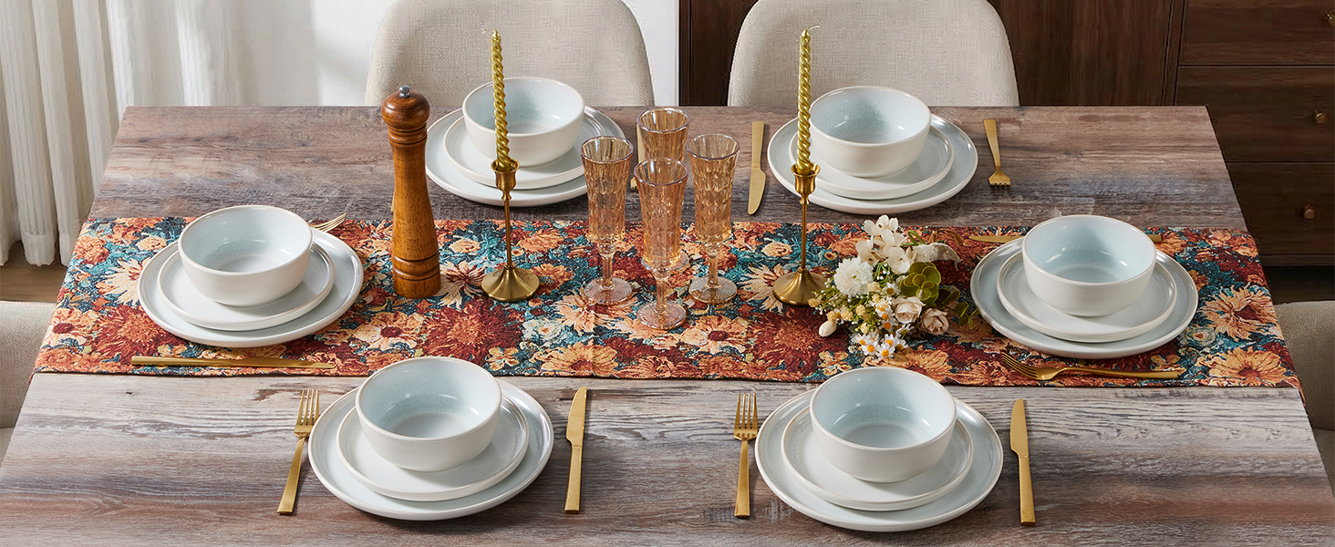 Набір посуду HaWare на 6 осіб, 18 предметів: тарілки, десертні тарілки, миски, бежевий колір. Підходить для мікрохвильової печі та посудомийної машини.