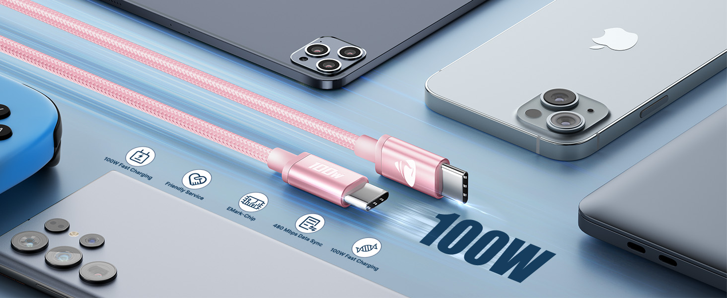 Кабель USB-C на USB-C [2 шт.] 100W, 3м + 3м, рожевий. Підтримка PD, швидка зарядка, для iPhone, Samsung, iPad, MacBook, Pixel, Switch