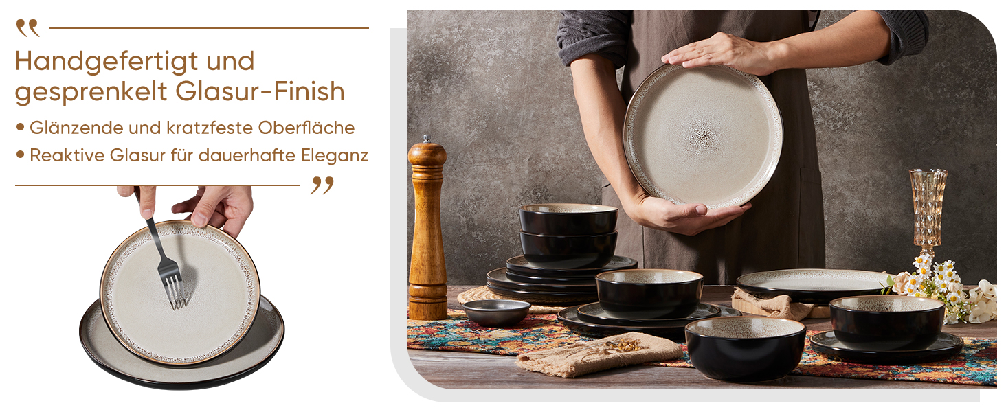 Набір посуду HaWare на 6 осіб, 18 предметів: тарілки, десертні тарілки, миски. З реактивною глазур’ю, стійкий до миття в посудомийній машині та використання в мікрохвильовій печі, бежевий колір.