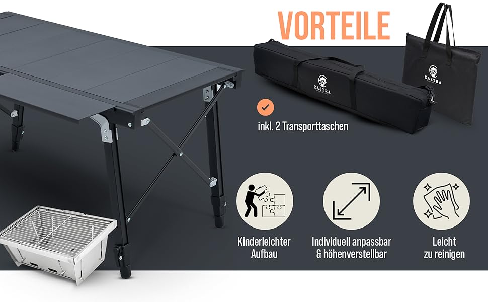 Стол для кемпінгу Castra Premium з грилем – алюміній 7075, регульована висота, вологостійкий, складаний, багатофункціональний, аксесуари для кемпінгу, саду, подорожей та риболовлі