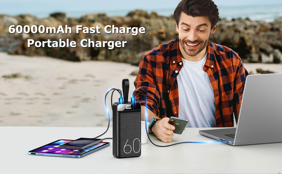 Power Bank 60000mAh 22,5W з LED-дисплеєм: Швидка зарядка USB-C, 4 виходи, 3 входи для більшості пристроїв