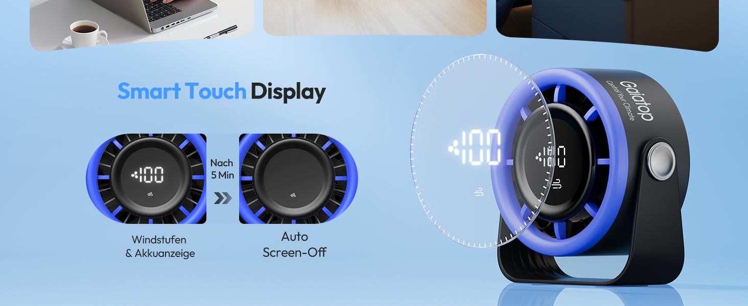 Портативний акумуляторний вентилятор Gaiatop з USB, 5 швидкостей, LED-дисплей, поворотний на 360°, для дому та офісу (блакитний)