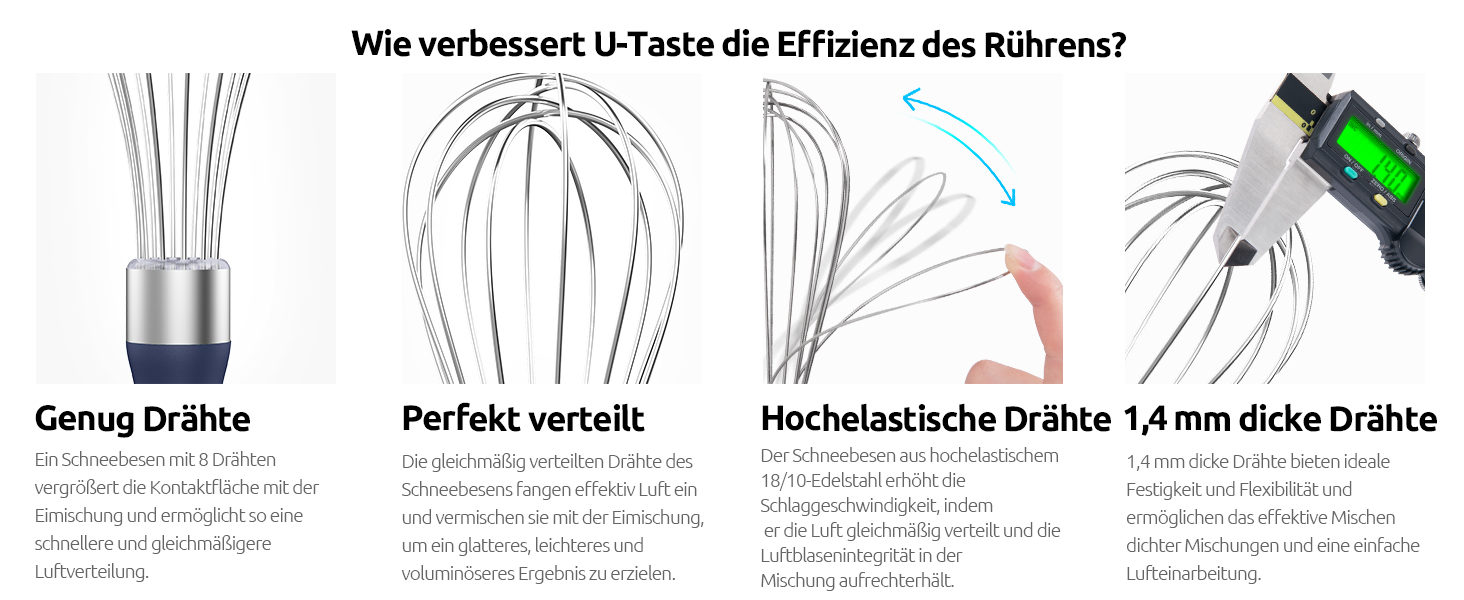Міксер кухонний U-Taste, 30 см, нержавіюча сталь 18/10, 12 гнучких дротів, силіконовий грифель, для тіста та соусів, великий, колір: Місячна блакить