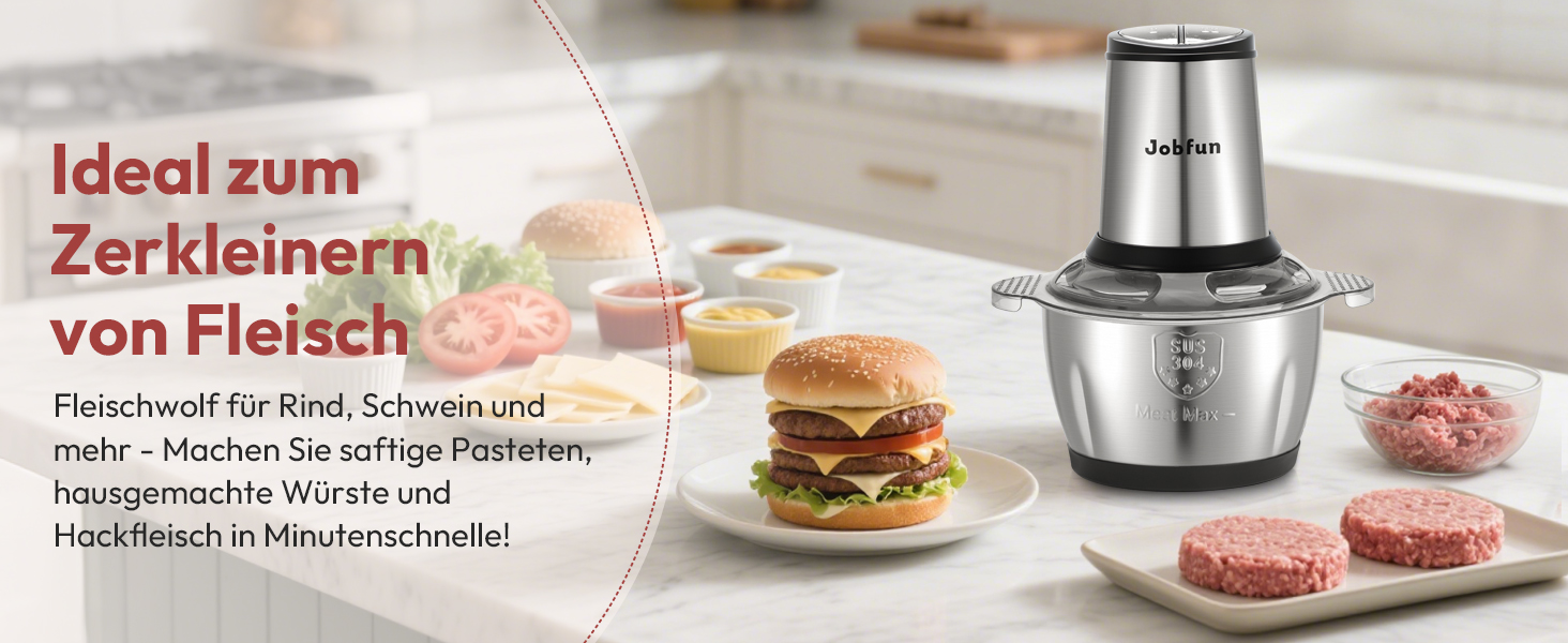 Електричний подрібнювач Jobfun 2L з нержавіючої сталі, 2 швидкості, мультиподрібнювач, м'ясорубка, подрібнювач для м'яса, цибулі, овочів (сірий)