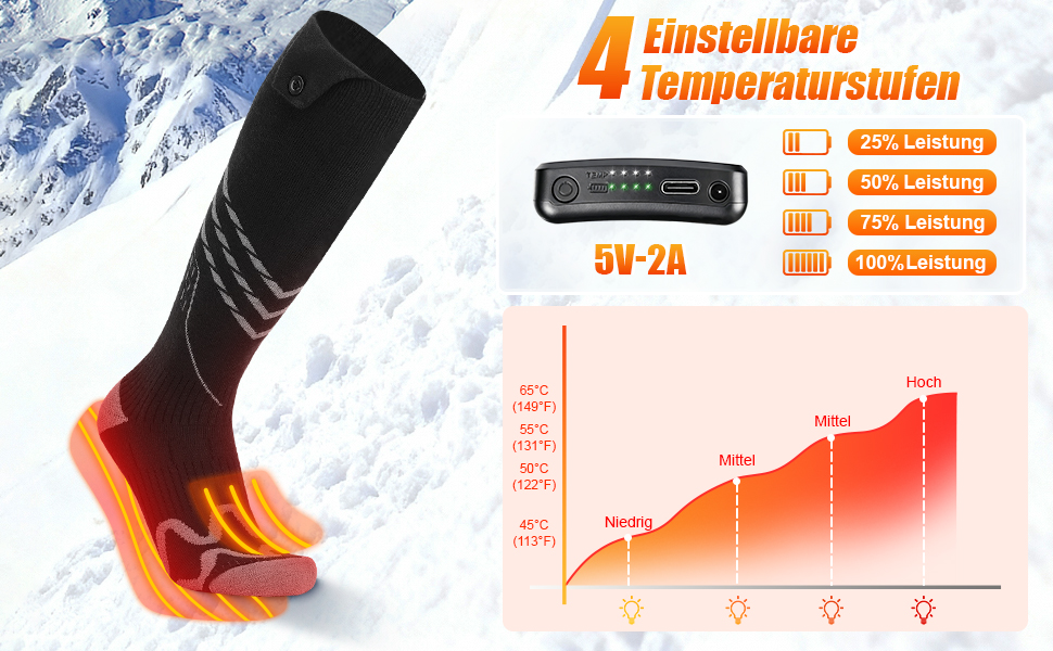 Гріючі шкарпетки для чоловіків та жінок, 5000mAh, 5V, 4 режими температури, для активного відпочинку, чорні
