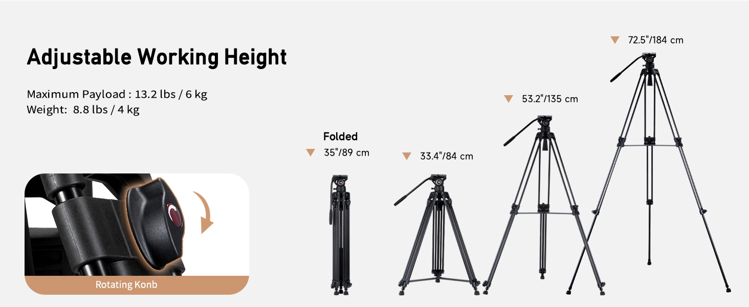 Штатив відео Cayer BV30L 72 дюйми - професійний штатив з алюмінію, рідинний упор K3, середній розвід, 6 кг, для DSLR/відеокамер + бонус Quick Release Plate