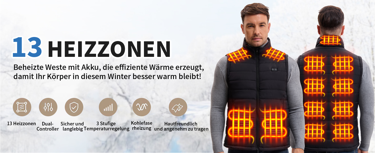 Обогріваючий жилет для чоловіків та жінок з акумулятором, 13 зон обігріву, 3 режими температури, чорний, L