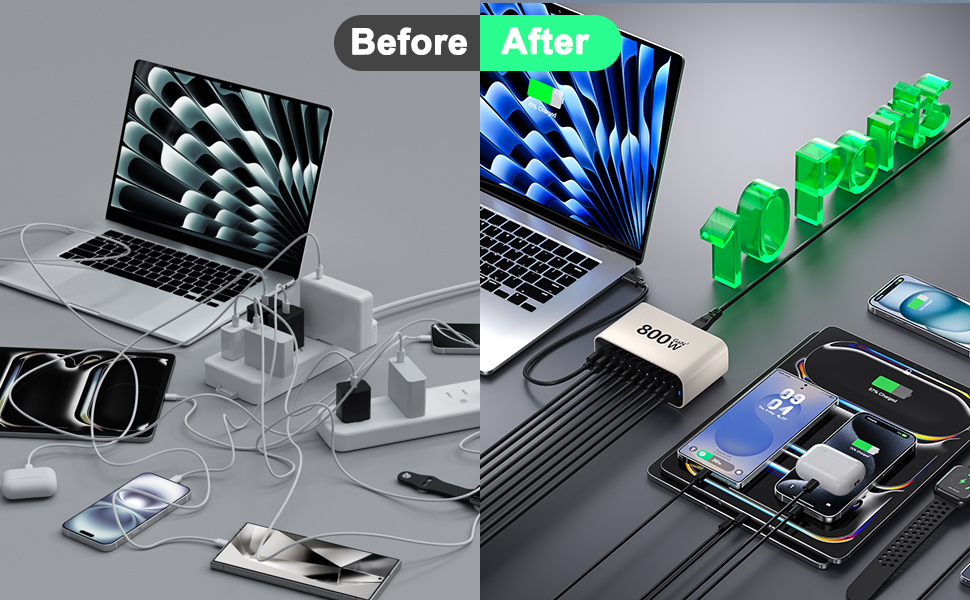 Зарядний пристрій GaN 800W USB-C, 10 портів, для MacBook, Dell, iPhone, Galaxy, ноутбуків, планшетів - Швидка зарядка