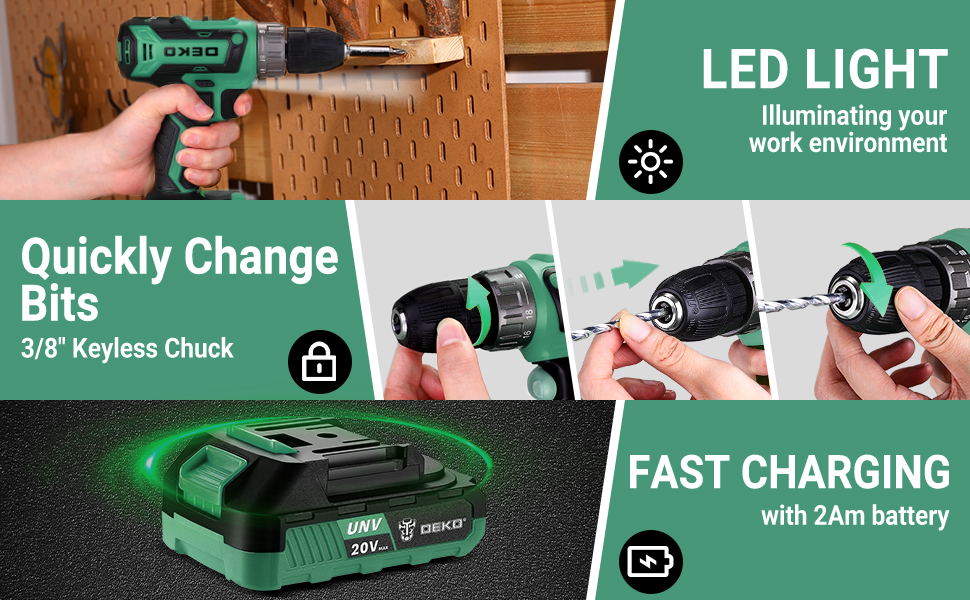 Набір інструментів DEKO 186 шт. з акумуляторною дриль-шуруповертом 20V (зелений)