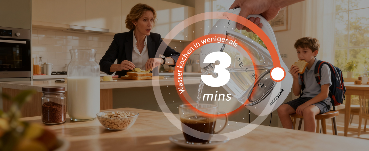 Електричний чайник Aigostar 1.7 л, 2200 Вт, зі скляною колбою, LED-підсвічуванням, без BPA, з фільтром від накипу, чорний (Eve)