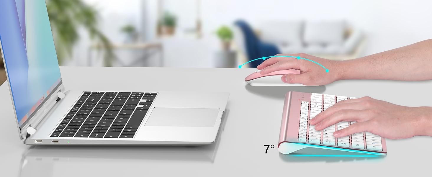 Комплект клавіатури та миші TopMate 2.4G Ultra Slim: тиха клавіатура з перемикачами Schissschalter та миша 2400DPI USB, з чохлом та батарейками AA/AAA, для ПК/ноутбука/Windows/Mac (Рожеве золото, Білий)