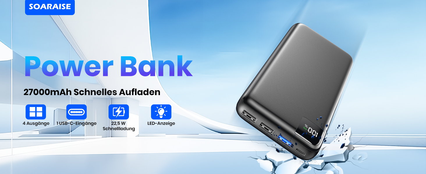 Power Bank SOARAISE 27000mAh з LED-дисплеєм: зарядний акумулятор для телефону та планшета, 4 виходи, USB-C, чорний