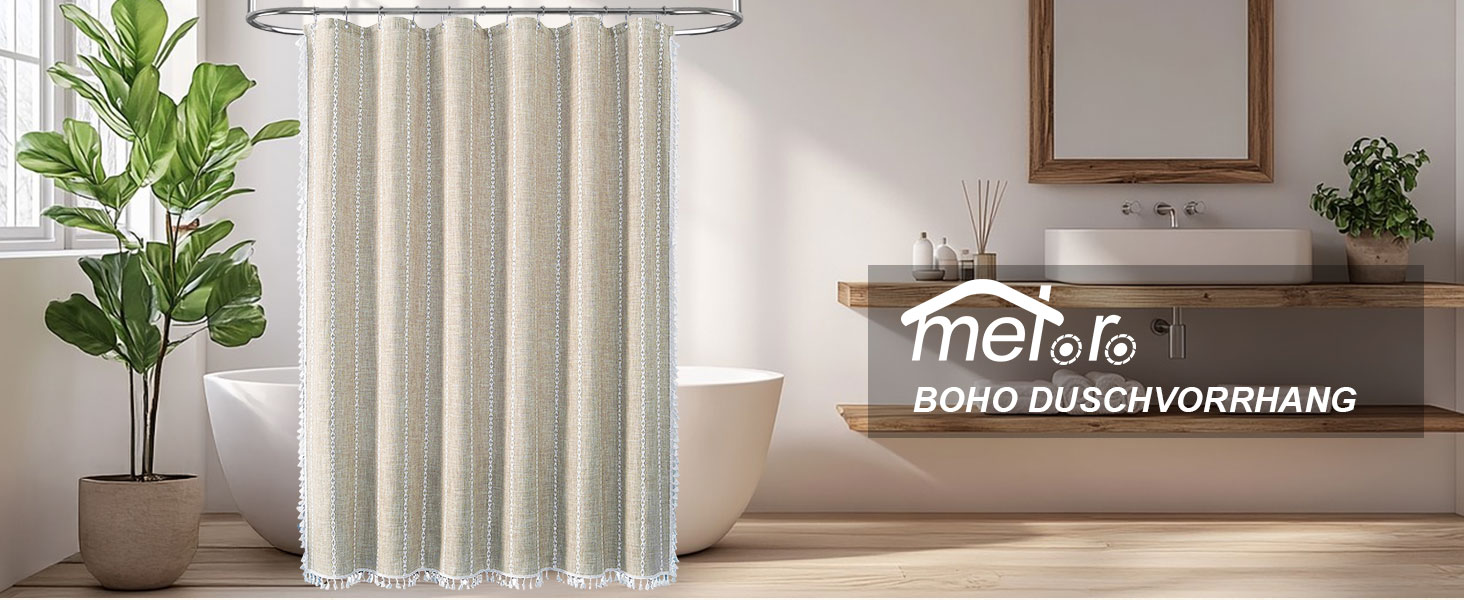 Штора для душу Meioro в смужку, бохо, льон, 183x183 см, бежева - водонепроникна, з гачками (1 шт)