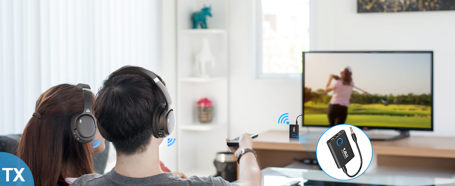 1Mii Bluetooth 5.3 адаптер для телевізора та навушників, 2-в-1 передавач/приймач, aptX-Adaptive & HD аудіо, 3.5 мм роз'єм, для стереосистеми, літака, MP3, чорний