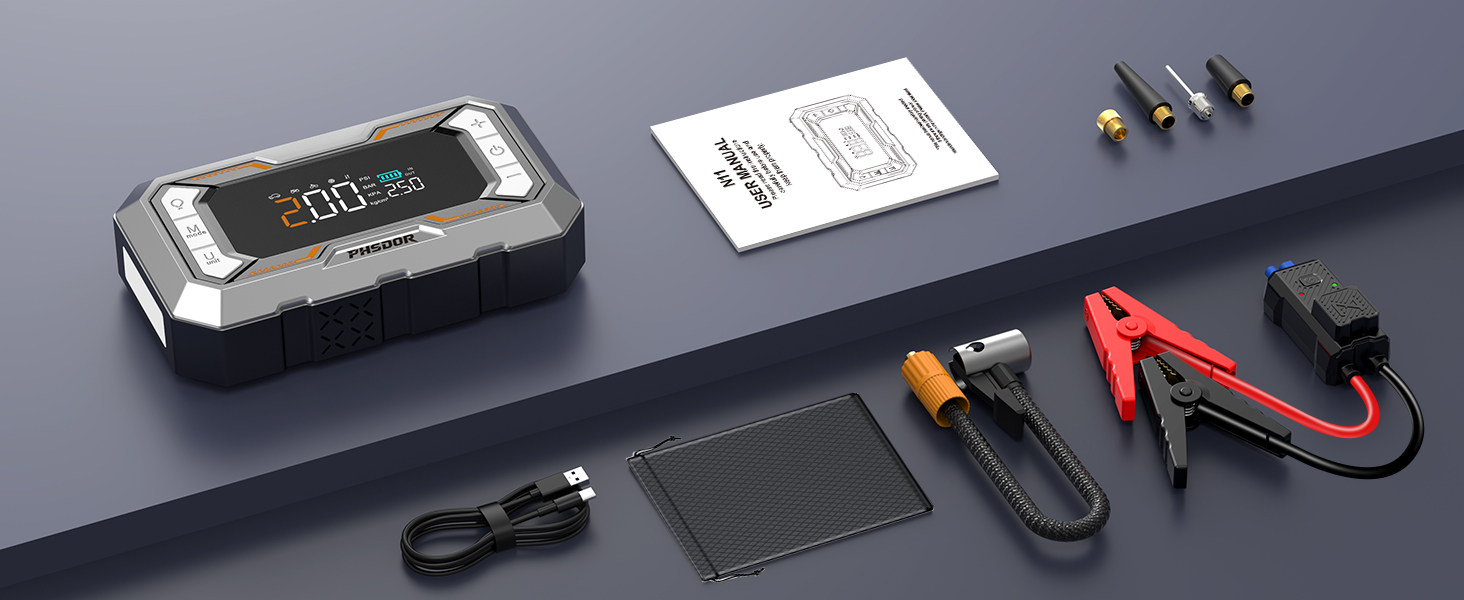 Пусковий пристрій (бустер) 8000A з компресором 150 PSI та Powerbank 25000mAh для авто (бензин до 12л, дизель до 10л), з LED-ліхтарем, помаранчево-сріблястий